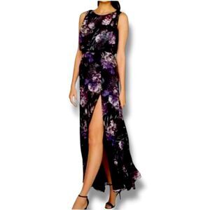 Fame and Partners Black Floral Blouson Maxi Dress leg slit – Size 6 modern